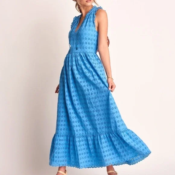 Hatley Women S Blue Eyelet Cotton Tasseled Sleeveless Tiered Emma Maxi Dress - Picture 1 of 12
